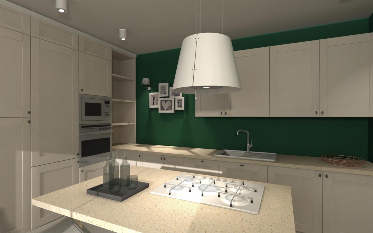 Wizualizacja kuchni z wyspą, beżowe szafki, ciemnozielona ściana, biały okap w kształcie stożka, dekoracyjne butelki na tacy.
