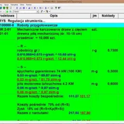 Zrzut ekranu programu kosztorysowego Norma Pro, prezentujący szczegółowy kosztorys robót przygotowawczych, w tym mechaniczne karczowanie drzew z użyciem piły mechanicznej, wraz z wyliczeniami...