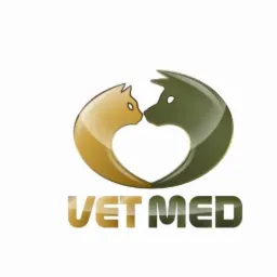 Logo Vet Med przedstawiające stylizowaną sylwetkę kota i psa tworzących kształt serca, w kolorach złota i zieleni.