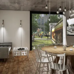 Wizualizacja salonu z drewnianą podłogą, szarą sofą, okrągłym stołem i widokiem na plac zabaw przez duże okno.