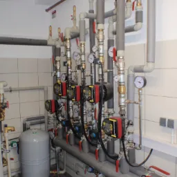 Rozbudowana instalacja grzewcza z rzędami pomp obiegowych Grundfos, manometrami i zaworami, widoczne rury zaizolowane termicznie i zbiornik wyrównawczy w pomieszczeniu z białymi płytkami.