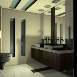 Wizualizacja łazienki z dwiema umywalkami nablatowymi, drewnianą szafką pod umywalką, minimalistyczną toaletą w kolorze antracytowym i podświetlanym sufitem.