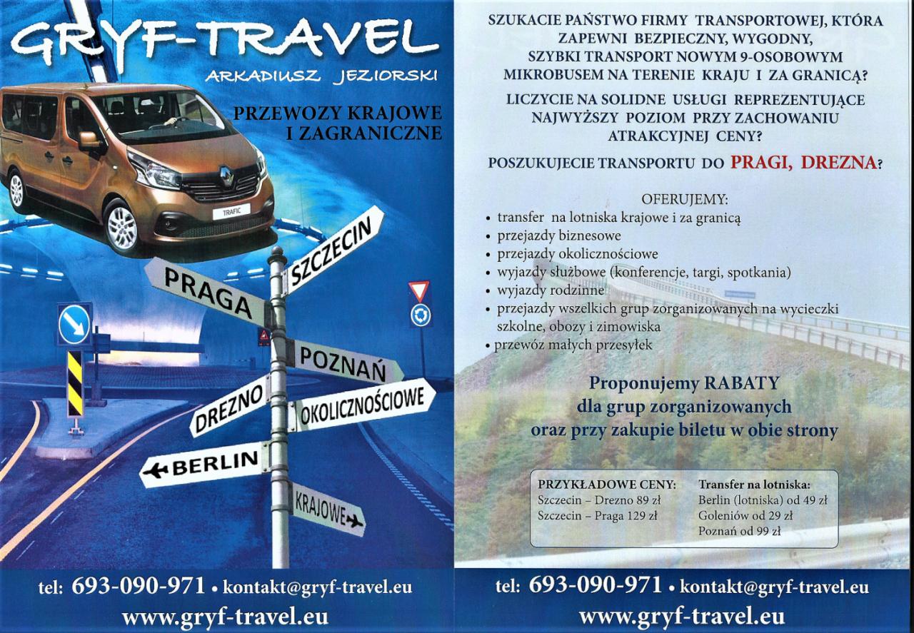 Grafika reklamowa firmy Gryf-Travel z brązowym busem Renault Trafic nad drogowskazem kierunkowym do Pragi, Szczecina, Poznania, Drezna i Berlina.