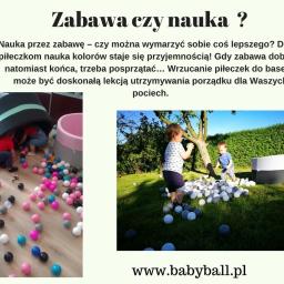 Suchy basen BabyBall z piłeczkami  - www.babyball.pl - Baseny i piłeczki są bezpieczne, posiadają atesty oraz spełniają normy UE (symbol CE). Wymiary basenu BabyBall:  wysokość 40 cm, średnica wewnętrzna: 80 cm, grubość gąbki (bandy i DNO) 4 cm. Piłe