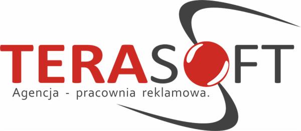 Logo firmy TeraSoft z czerwonym napisem 'TERA', szarą kulą z białymi refleksami zastępującą literę 'O' i szarym napisem 'FT', pod spodem szary napis 'Agencja - pracownia reklamowa' oraz szare...