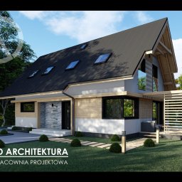 JD Architektura Pracownia Projektowa - Wizualizacja domu jednorodzinnego z dachem dwuspadowym, drewnianą elewacją i pergolą. Nowoczesny projekt architektoniczny z elementami kamiennymi i dużymi oknami.