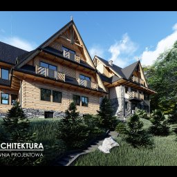 JD Architektura Pracownia Projektowa - Wizualizacja dwukondygnacyjnego domu w stylu góralskim z bali i kamienia, z balkonami z dekoracyjnymi balustradami, otoczonego zielenią i schodami wejściowymi.