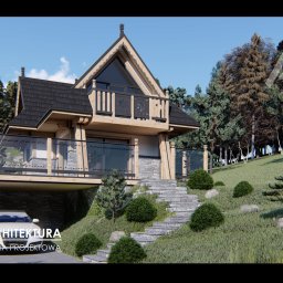 JD Architektura Pracownia Projektowa - Wizualizacja domu w stylu góralskim z garażem, kamiennymi elementami i drewnianą konstrukcją. Balustrady balkonów ze szkła z motywem kwiatowym. Schody z kamienia.