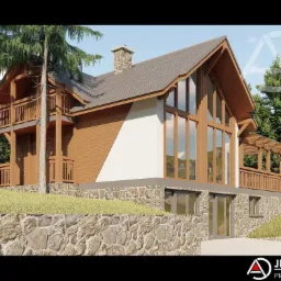 Wizualizacja domu z drewnianą elewacją, dużymi oknami i kamiennym fundamentem, otoczonego zielenią i drzewami, z widocznym kominem z kamienia. Na elewacji widoczne logo pracowni architektonicznej.