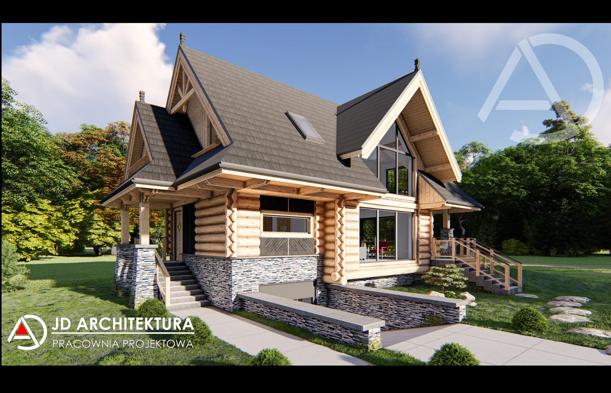 Wizualizacja domu z bali z podmurówką z kamienia, dwuspadowy dach z lukarną, duże okna, schody wejściowe i otoczenie zieleni. Projekt w stylu rustykalnym.