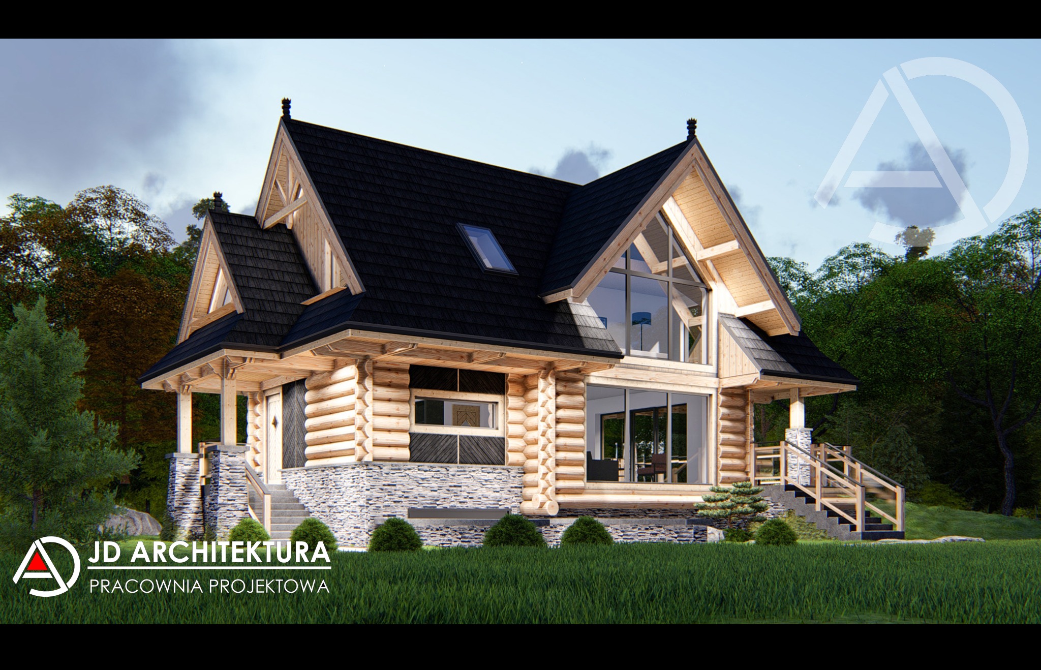 Wizualizacja domu z bali z kamienną podmurówką, czarnym dachem i dużymi oknami. Projekt w stylu góralskim, otoczony zielenią. Widoczny logotyp pracowni projektowej.