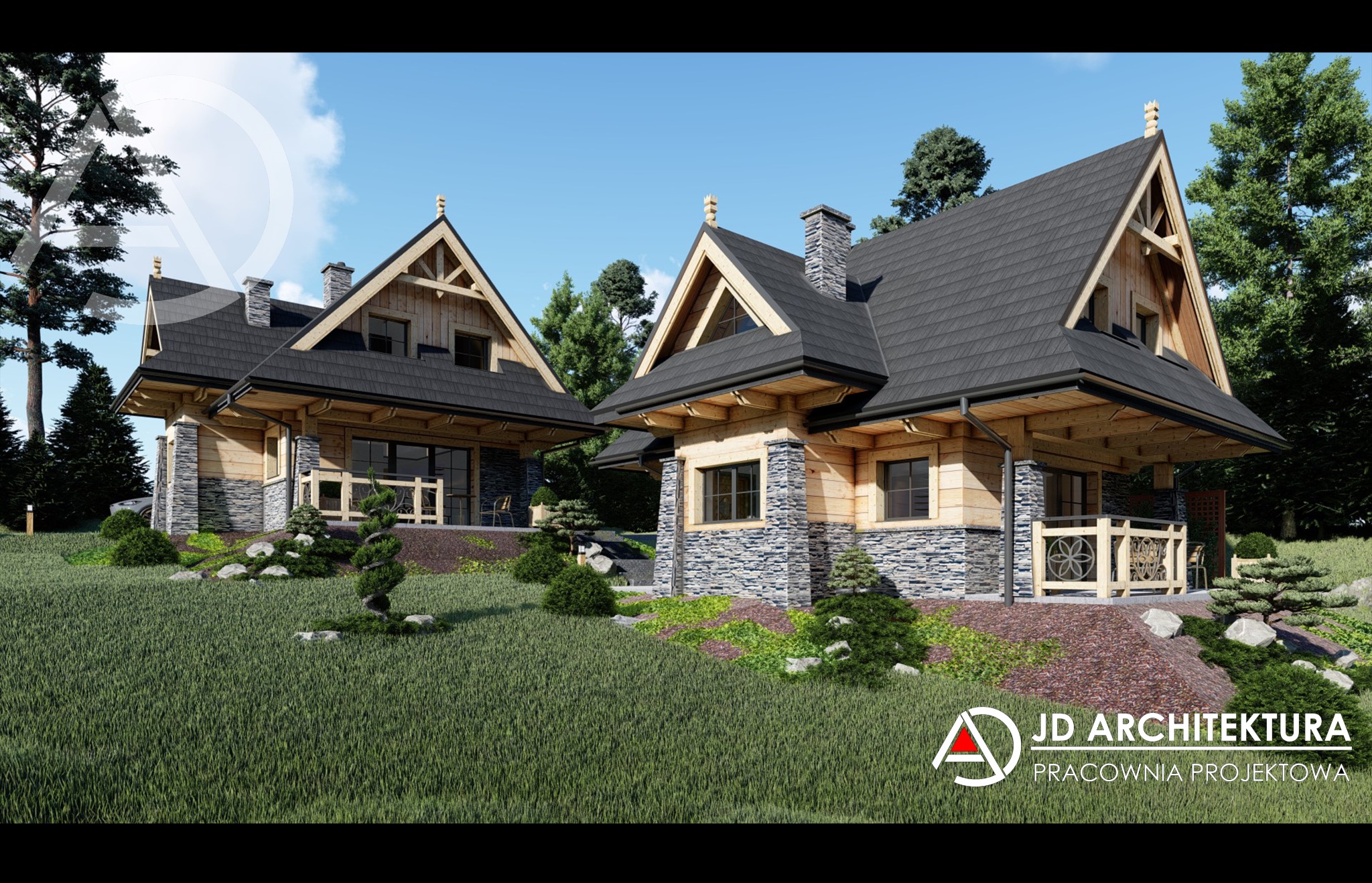 Wizualizacja dwóch drewnianych domów z kamiennymi elementami, w stylu góralskim, otoczonych zielenią. Projekt architektoniczny z logo JD Architektura.