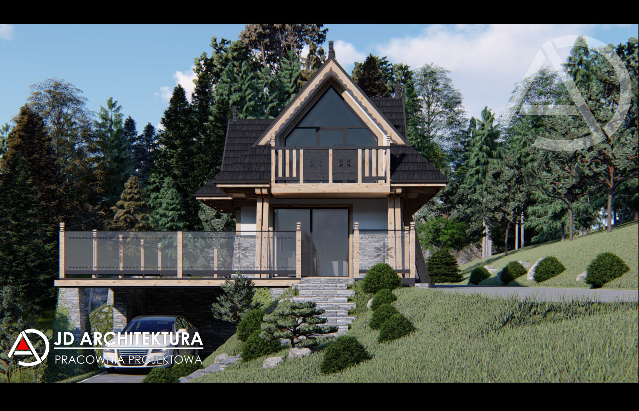 Wizualizacja 3D domu w stylu góralskim z garażem wkomponowanym w zbocze, otoczonego zielenią. Projekt z balkonem i drewnianymi elementami wykończeniowymi.