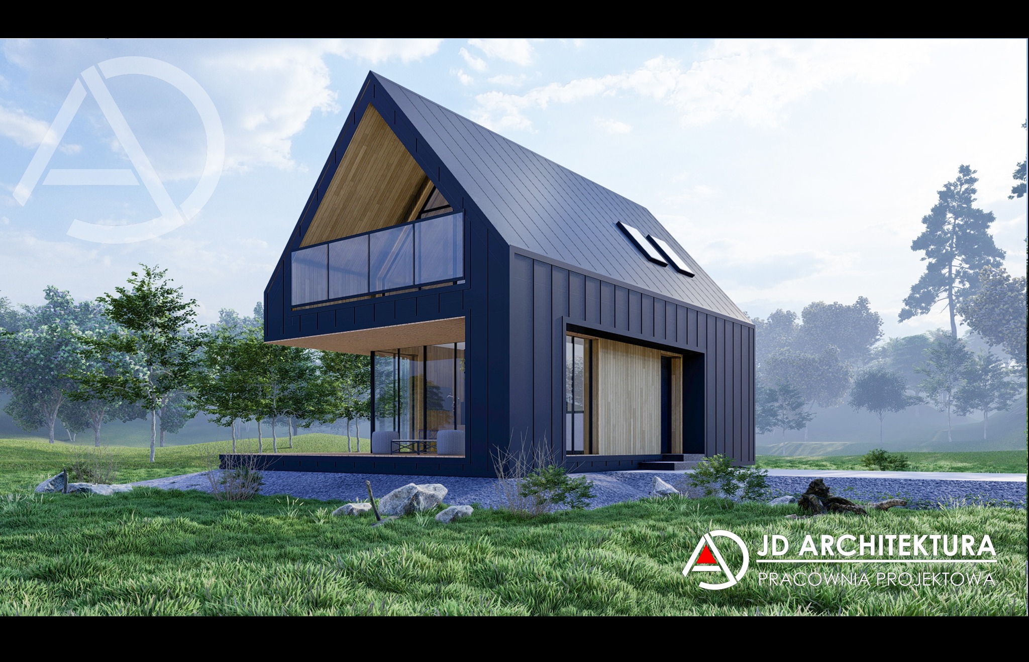 Wizualizacja nowoczesnego domu z ciemną elewacją i drewnianymi akcentami, otoczonego zielenią. Widoczny balkon i duże przeszklenia.