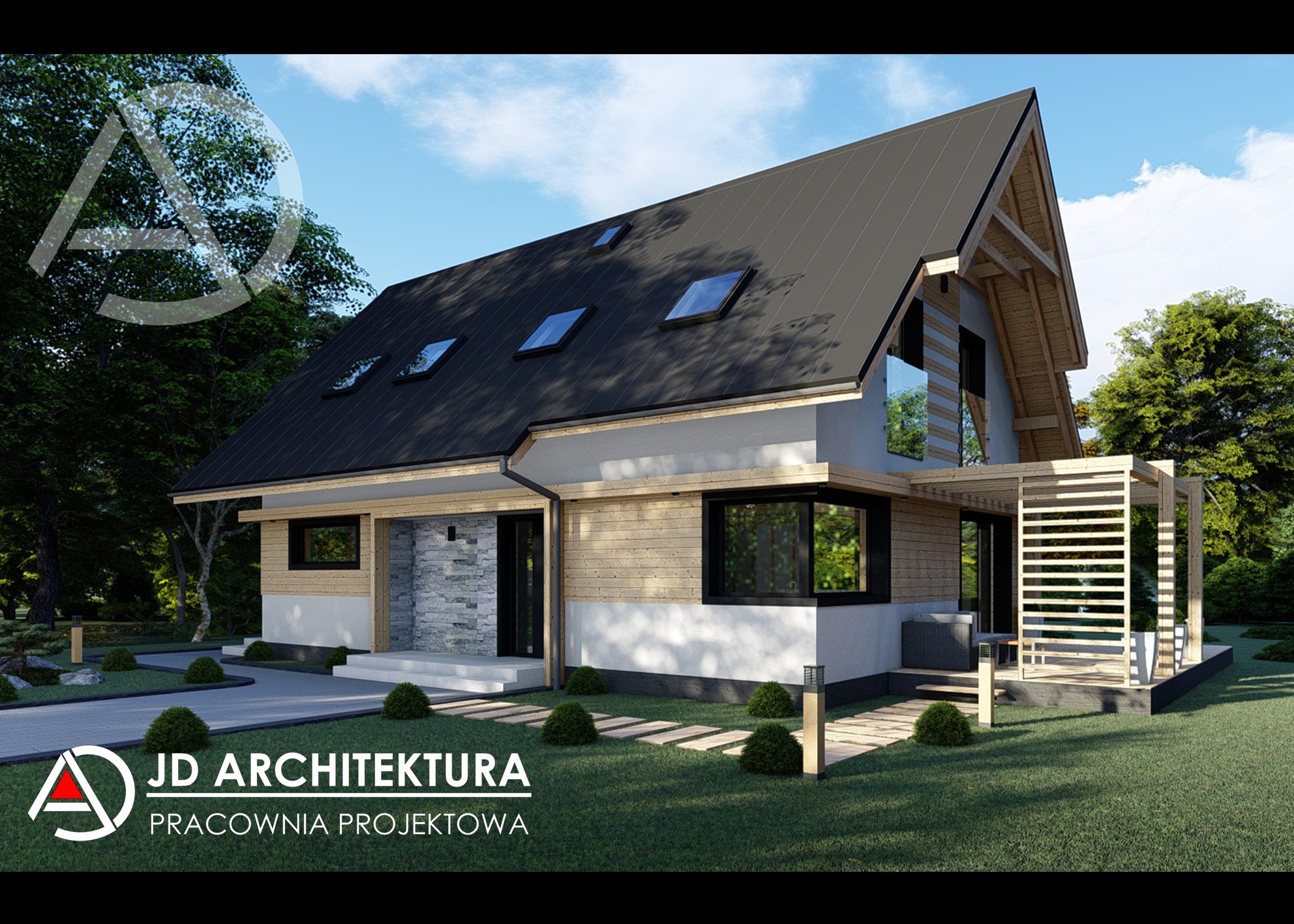Wizualizacja domu jednorodzinnego z dachem dwuspadowym, drewnianą elewacją i pergolą. Nowoczesny projekt architektoniczny z elementami kamiennymi i dużymi oknami.
