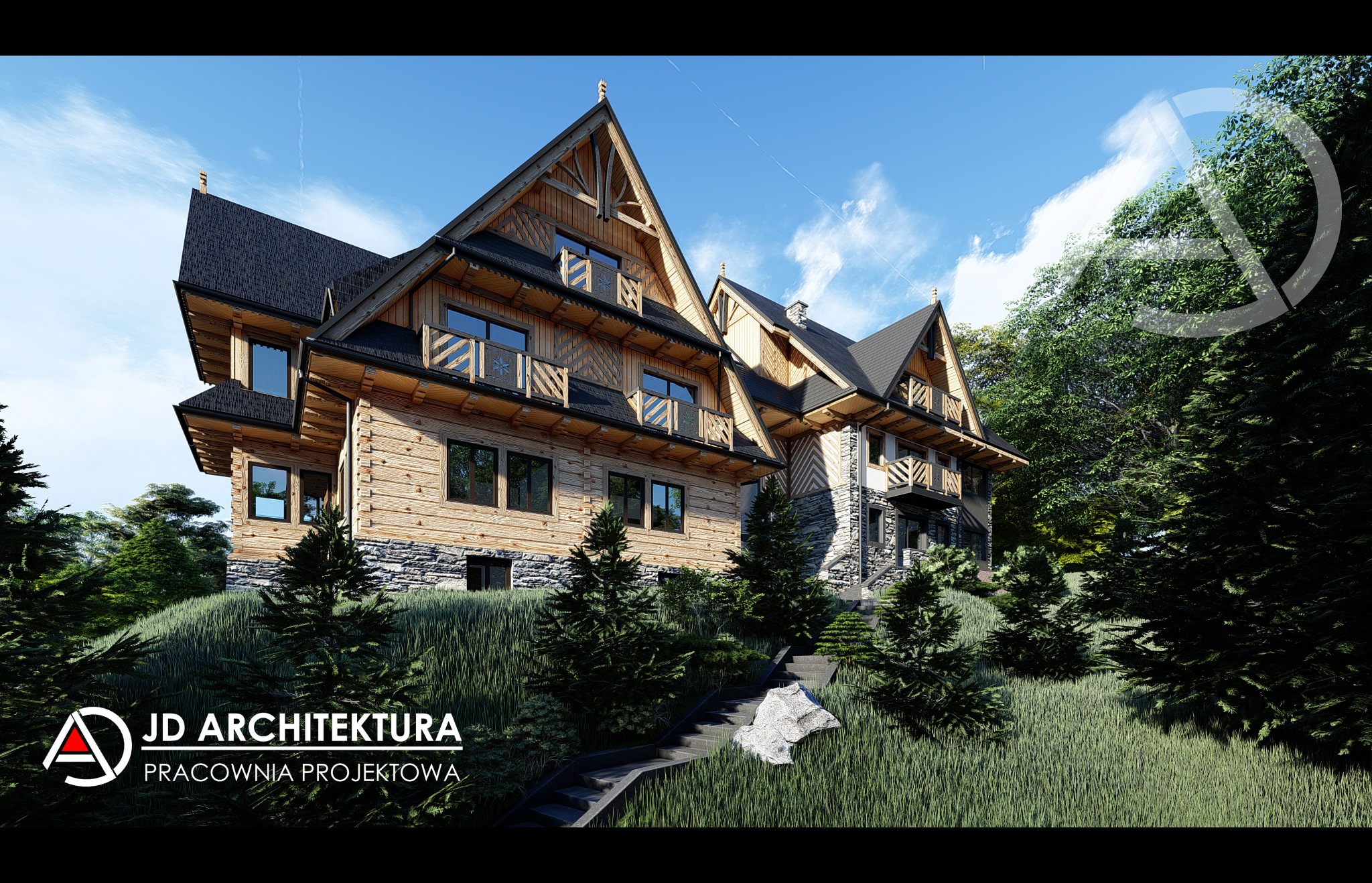 Wizualizacja dwukondygnacyjnego domu w stylu góralskim z bali i kamienia, z balkonami z dekoracyjnymi balustradami, otoczonego zielenią i schodami wejściowymi.