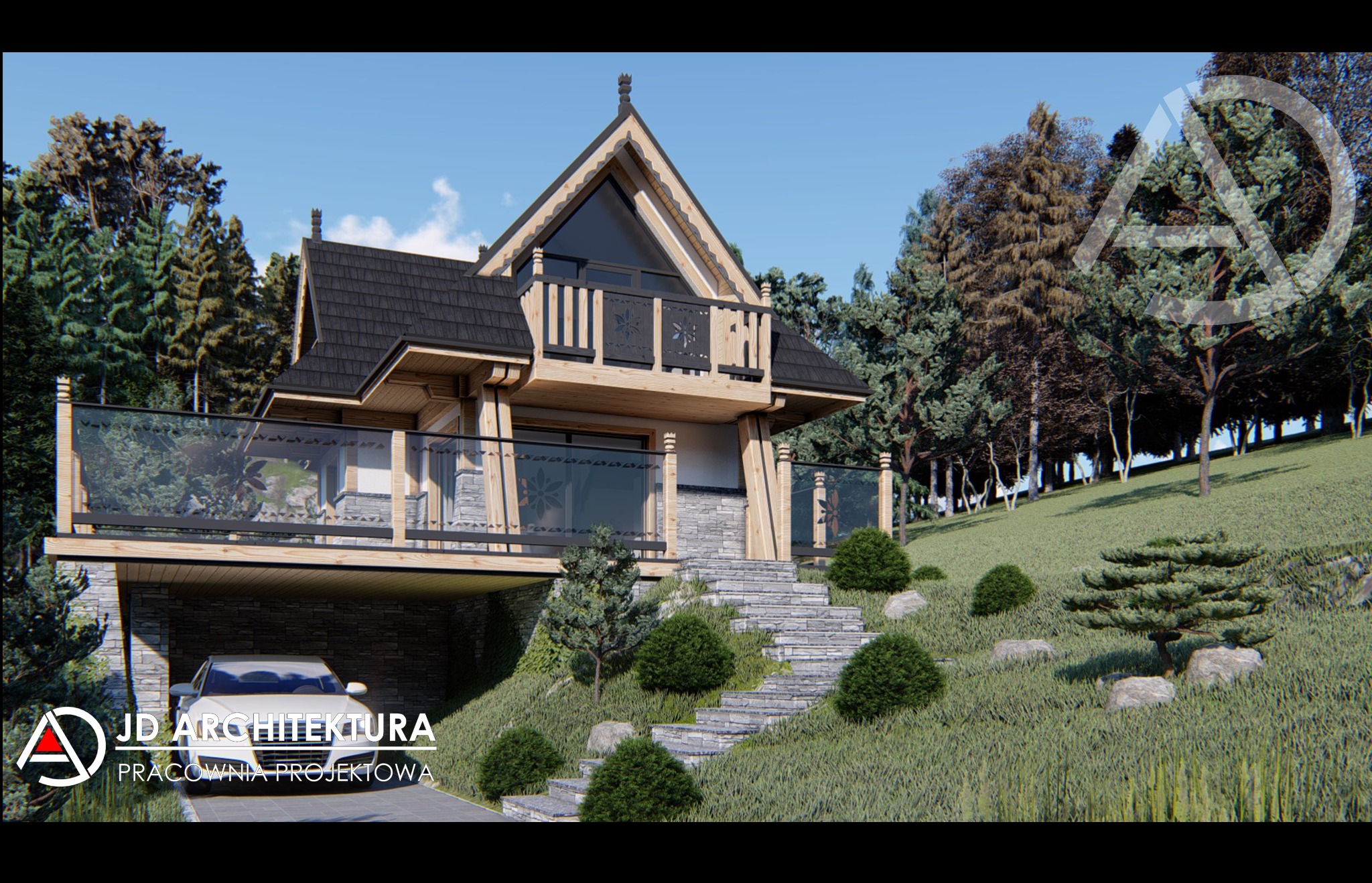 Wizualizacja domu w stylu góralskim z garażem, kamiennymi elementami i drewnianą konstrukcją. Balustrady balkonów ze szkła z motywem kwiatowym. Schody z kamienia.