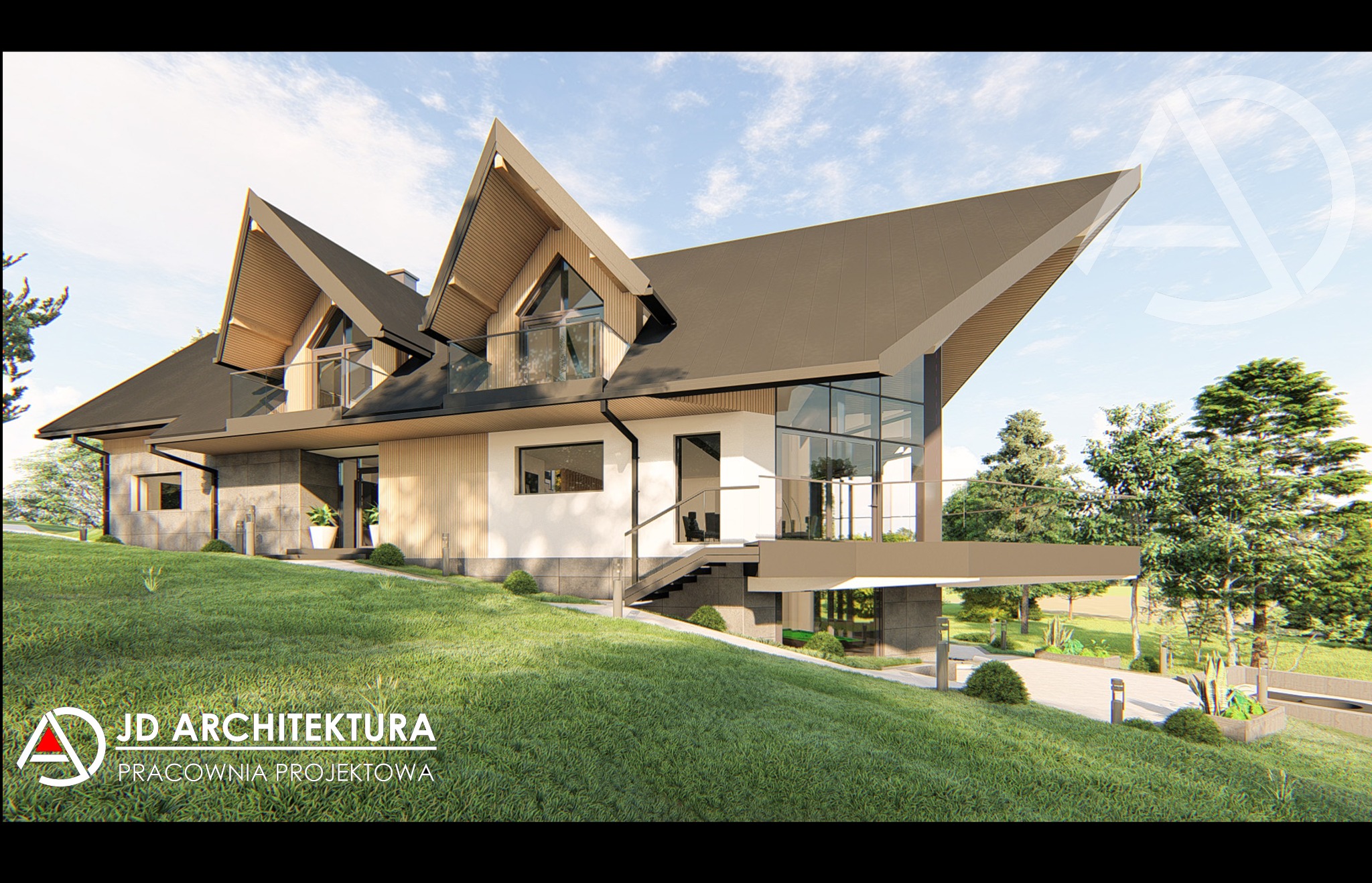 Wizualizacja nowoczesnego domu z dachem dwuspadowym i dużymi przeszkleniami, otoczonego zielenią. Ujęcie z poziomu trawnika, eksponujące bryłę budynku i jego otoczenie.
