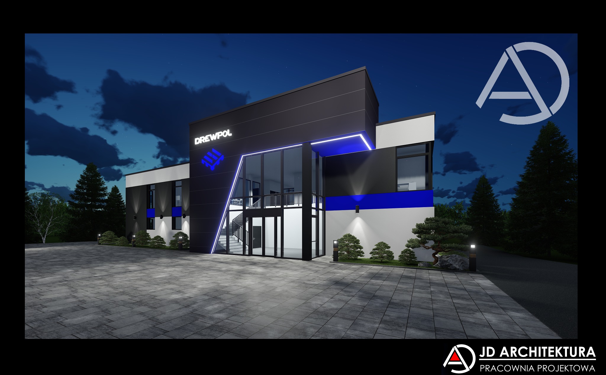 Nowoczesny budynek biurowy Drewpol z przeszklonym wejściem i niebieskimi akcentami oświetleniowymi, wizualizacja nocna z logo JD Architektura.