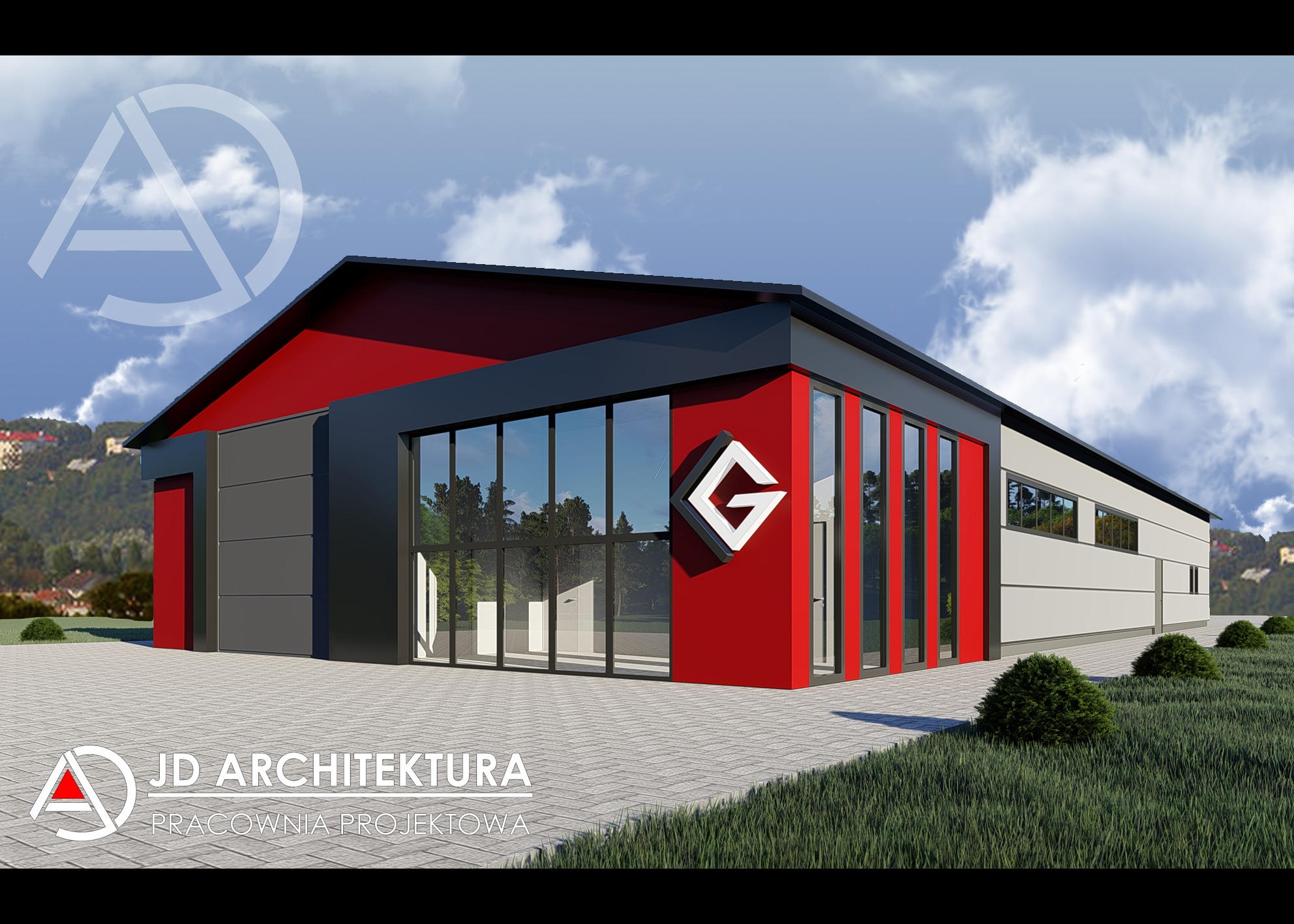 Wizualizacja budynku usługowego z czerwonymi akcentami i dużymi oknami, otoczonego zielenią. Widoczny logo firmy projektowej. Nowoczesna architektura.