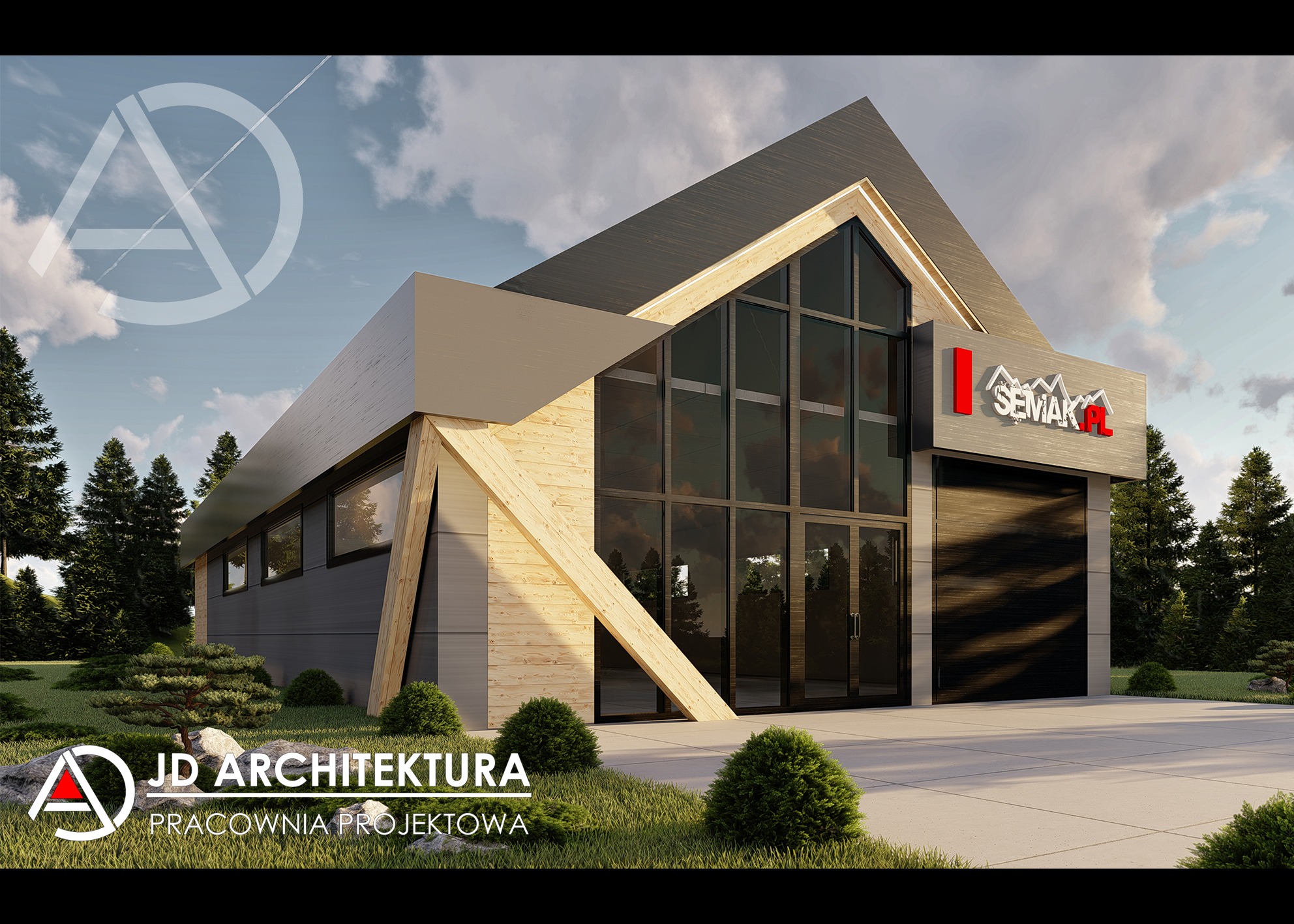 Wizualizacja budynku usługowego z elementami drewna i dużymi przeszkleniami, otoczonego zielenią. Nowoczesna architektura z logo firmy na elewacji.