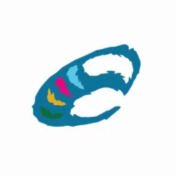 Abstrakcyjne logo firmy z motywem oceanu, zawierające odcienie błękitu, zieleni, różu i żółci, na białym tle.