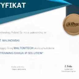 Certyfikat ukończenia szkolenia 'Basic Training Dahua IP Solution' przez Tomasza Malinowskiego z firmy Maltomtech, wydany przez Dahua Technology Poland.