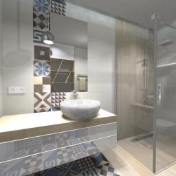 Malaga - Wizualizacja łazienki z umywalką nablatową, kabiną prysznicową typu walk-in i toaletą wiszącą, wzorzyste płytki na ścianie i podłodze, oświetlenie punktowe.