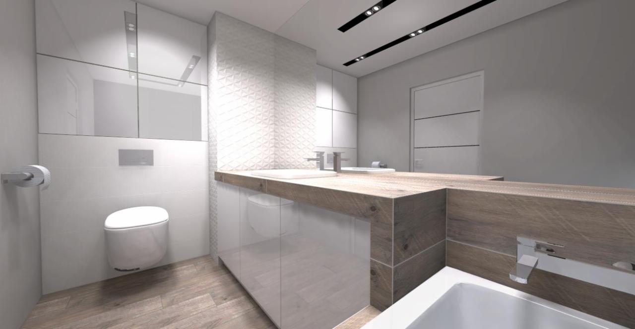 Nowoczesna łazienka w Łodzi z drewnianym blatem umywalkowym, białymi płytkami 3D na ścianie i podwieszaną toaletą.