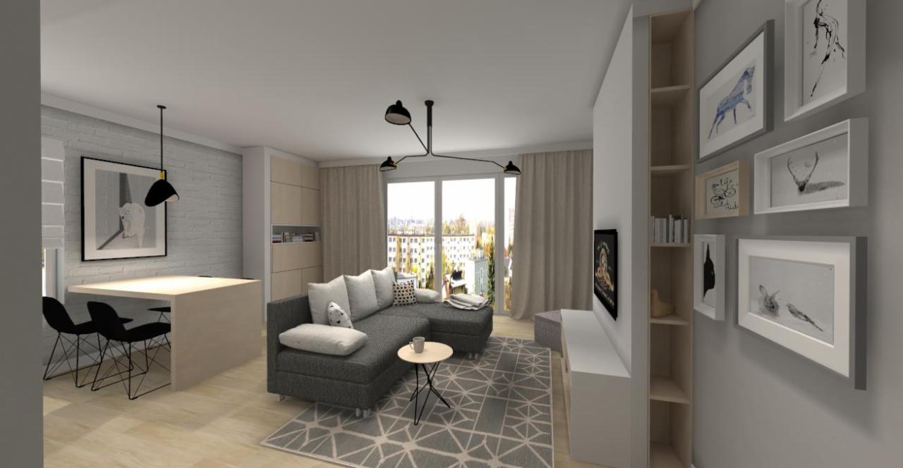 Wizualizacja salonu z szarą narożną sofą, stolikiem kawowym, ścianą z galerii obrazów i widokiem na miasto zza okna.