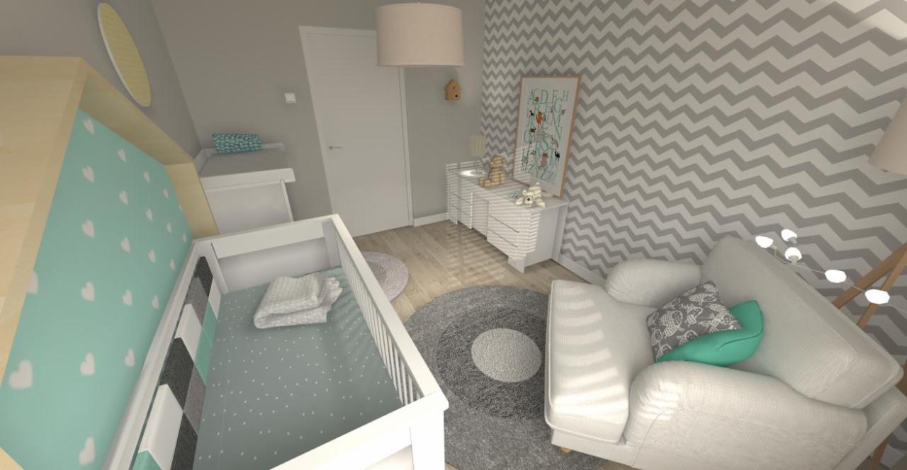 Wizualizacja pokoju dziecięcego z białym łóżeczkiem ze szczebelkami, komodą z zabawkami, szarym dywanem i białym fotelem z poduszkami na tle ściany w szare zygzaki.