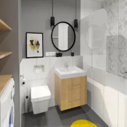 Wizualizacja nowoczesnej łazienki z pralką, okrągłym lustrem, drewnianą szafką pod umywalką i żółtym okrągłym dywanikiem na szarej podłodze.