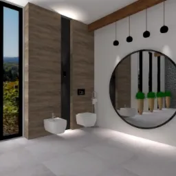 Wizualizacja nowoczesnej łazienki z drewnianymi akcentami, dużym okrągłym lustrem i widokiem na las za oknem.