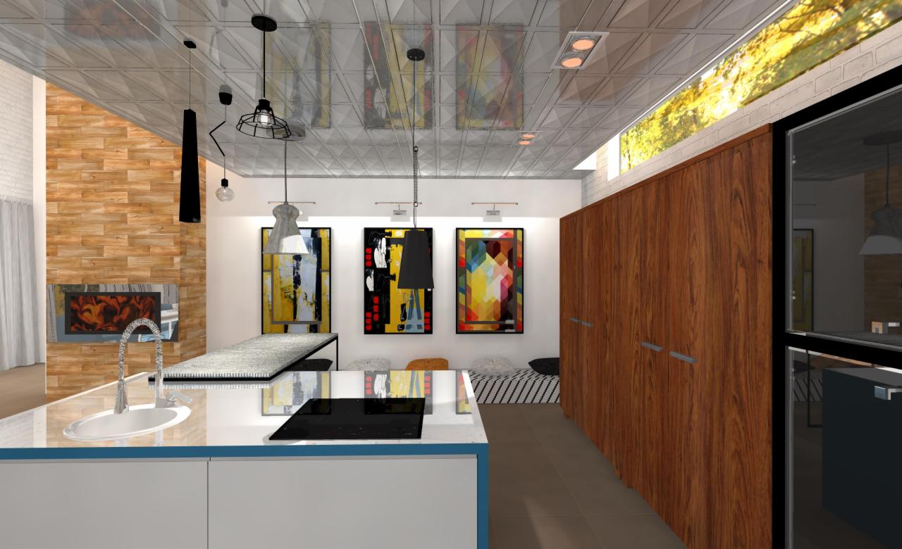 Wizualizacja nowoczesnej kuchni z wyspą, drewnianą ścianą z kominkiem, trzema abstrakcyjnymi obrazami i dużym drewnianym regałem.