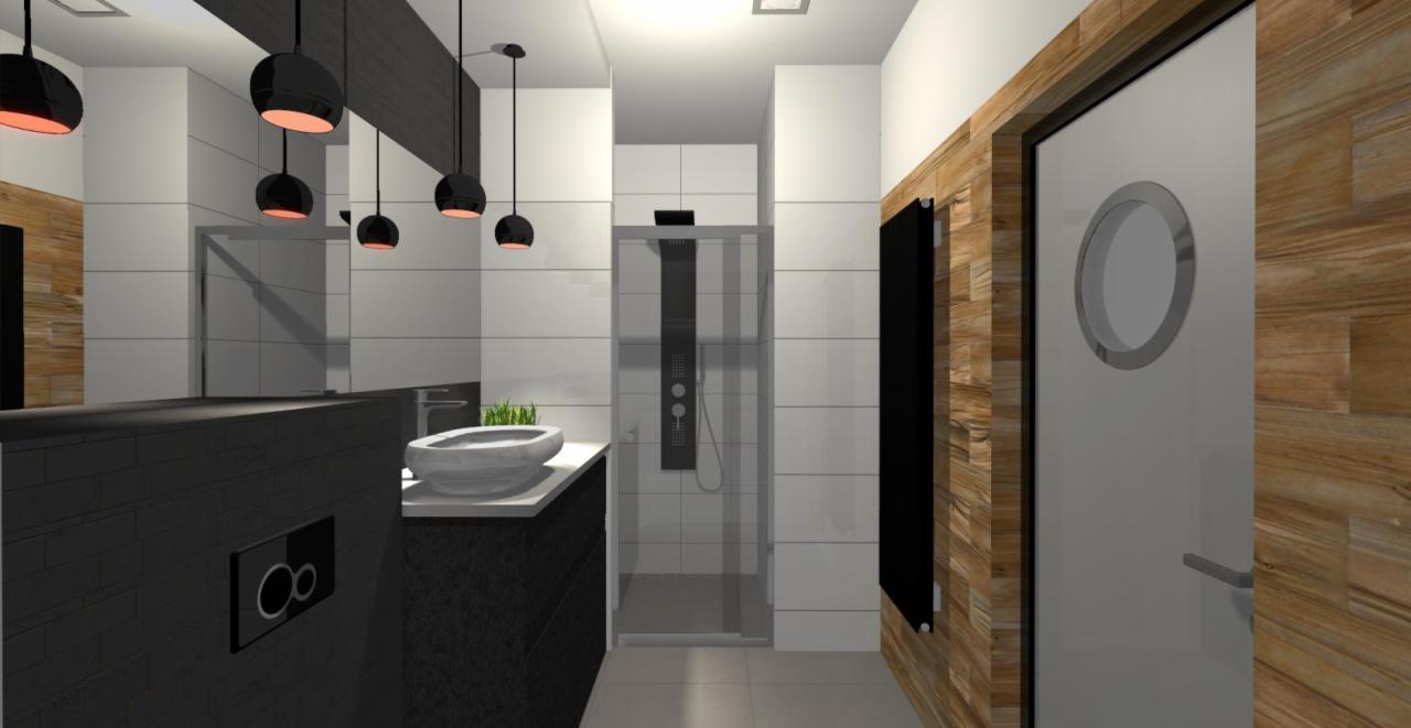 Nowoczesna łazienka z czarnymi lampami wiszącymi, umywalką w kształcie misy i kabiną prysznicową z panelem deszczownicą, wykończona drewnem i białymi płytkami.