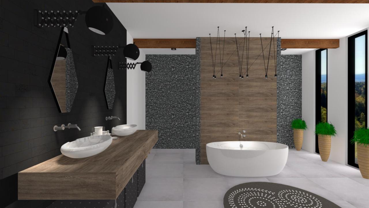 Wizualizacja nowoczesnej łazienki z drewnianym blatem, owalnymi umywalkami, czarną ścianą z lustrami, kamienną mozaiką, wolnostojącą wanną i wysokimi donicami z roślinami przy oknie.
