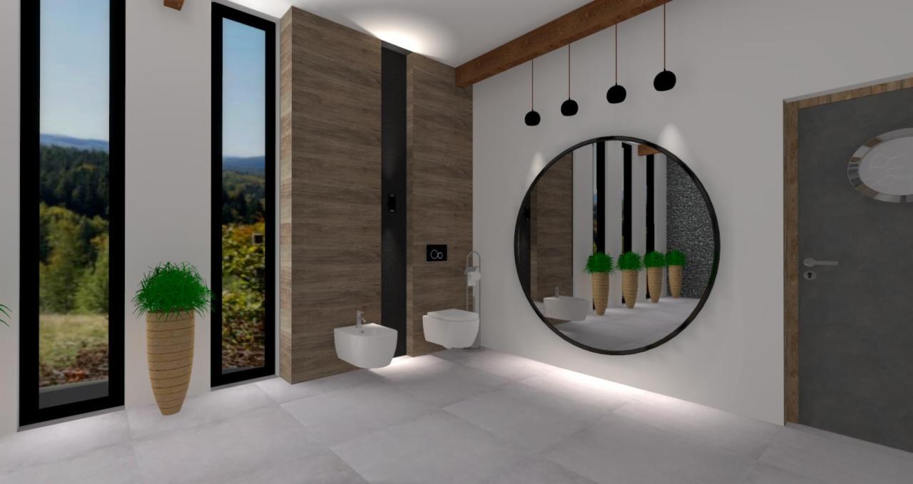 Wizualizacja nowoczesnej łazienki z drewnianymi akcentami, dużym okrągłym lustrem i widokiem na las za oknem.