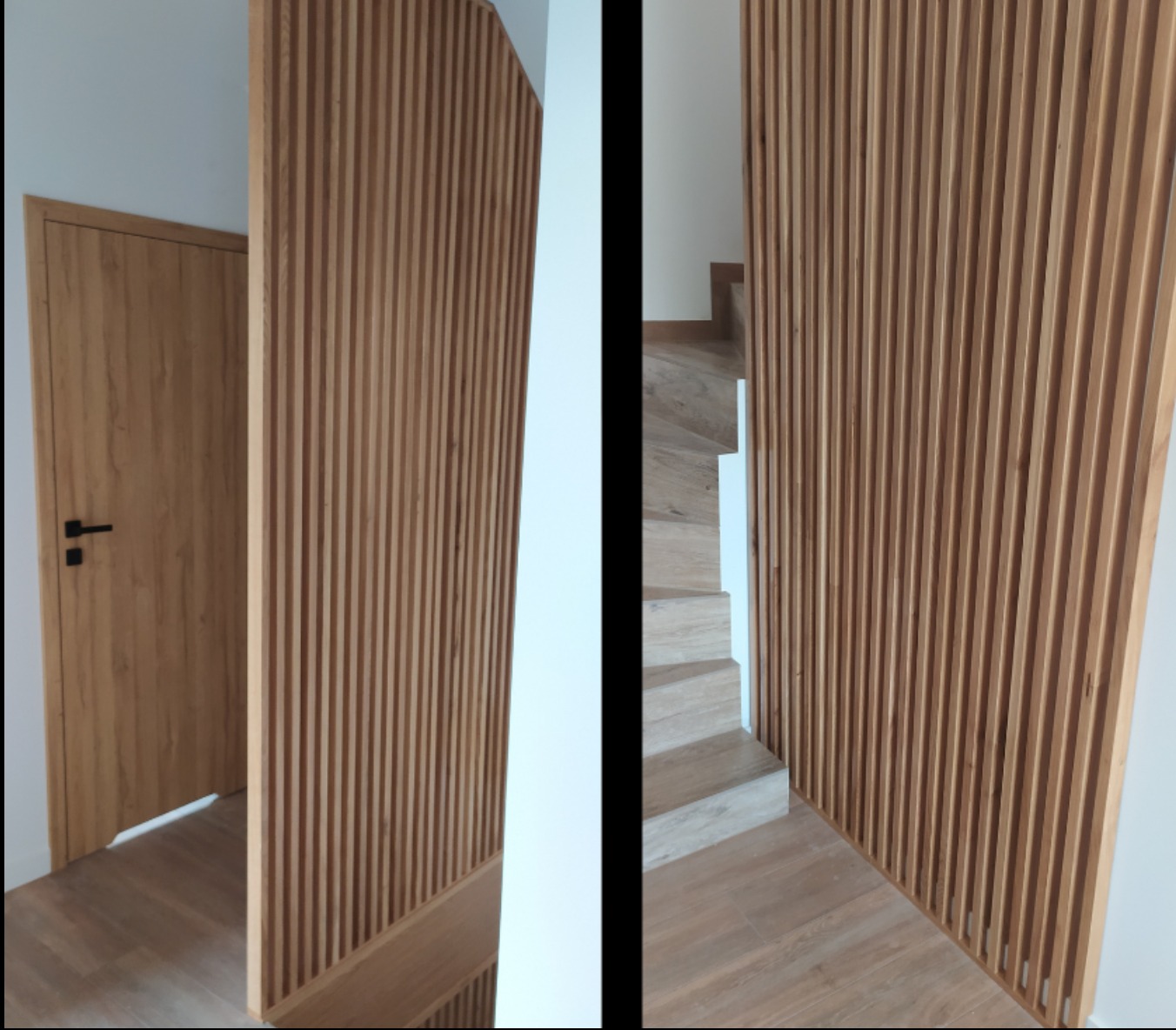 Nowoczesna aranżacja wnętrza: drewniana ściana lamelowa przy schodach i drzwiach, jasne drewno, minimalistyczny design, subtelne oświetlenie.