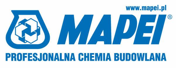 Niebieskie logo firmy MAPEI, producenta profesjonalnej chemii budowlanej, z adresem strony internetowej.