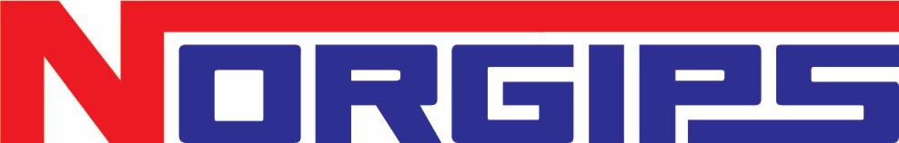 Logo firmy Norgips z czerwonym elementem graficznym i niebieskim napisem.