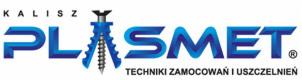 Logo firmy PLASMET Kalisz, producenta technik zamocowań i uszczelnień, z stylizowaną śrubą w nazwie.