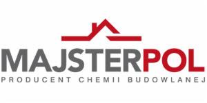 Logo firmy Majsterpol, producenta chemii budowlanej, z czerwonym symbolem dachu nad szarym napisem.