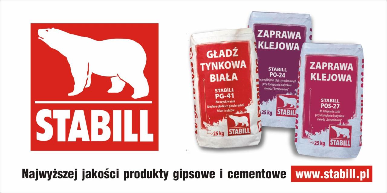 Worki z zaprawą i gładzią tynkową firmy Stabil, z logo z białym niedźwiedziem polarnym na czerwonym tle, obok hasło reklamowe o najwyższej jakości produktach gipsowych i cementowych.