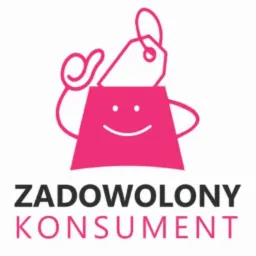 Różowa ikona przedstawiająca torbę na zakupy z uśmiechniętą buźką i metką, symbolizująca zadowolonego klienta. Napis 'ZADOWOLONY KONSUMENT' pod spodem.