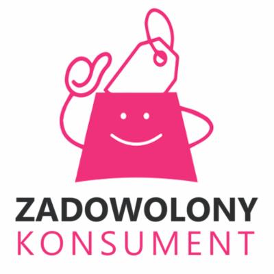 Różowa ikona przedstawiająca torbę na zakupy z uśmiechniętą buźką i metką, symbolizująca zadowolonego klienta. Napis 'ZADOWOLONY KONSUMENT' pod spodem.