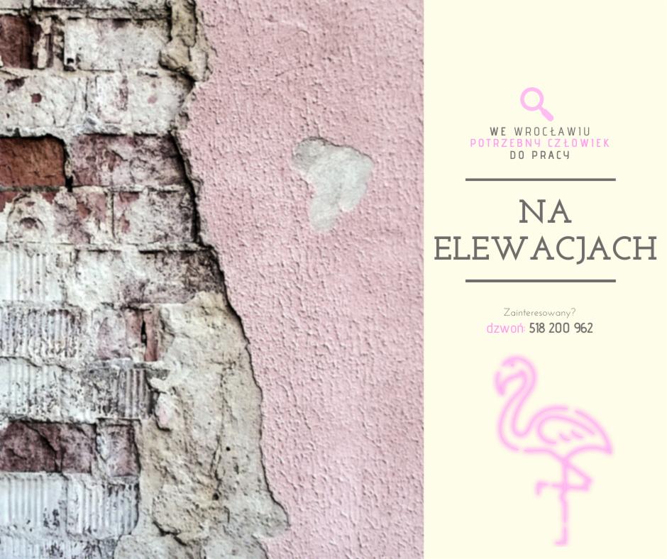 Uszkodzona, różowa elewacja budynku, odsłaniająca fragment ceglanej ściany. Po prawej stronie grafika z tekstem 'WE WROCŁAWIU POTRZEBNY CZŁOWIEK DO PRACY NA ELEWACJACH' oraz numer telefonu.