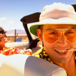 Mężczyzna w jaskrawej koszuli i kapeluszu siedzi w kabriolecie z papierosem w ustach, w tle pustynny krajobraz z kaktusami i drugi pasażer.