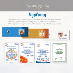 Przykłady drukowanych zaproszeń, dyplomów i podziękowań na białym tle, z różnymi wzorami i tekstami, prezentujące różnorodne style i formaty.