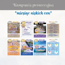 Przykłady materiałów reklamowych z promocją cenową: foldery, notatniki, plakaty, dyplomy, kalendarze, wizytówki. Całość w tonacji niebieskiej i białej, z logiem firmy 'Atuty'.