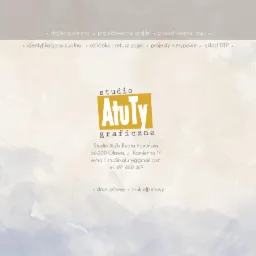 Logo studia graficznego AtuTy na tle akwarelowej tekstury z informacjami o ofercie, adresie i kontakcie.